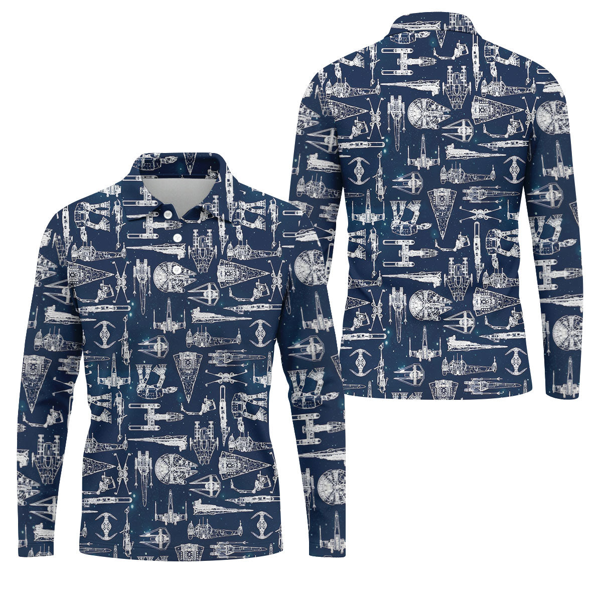 Line-art Sketches Sci-Fi Spacecraft Dark Navy Golf Shirts For Men, Polo Shirts For Men, Golfing Apparel