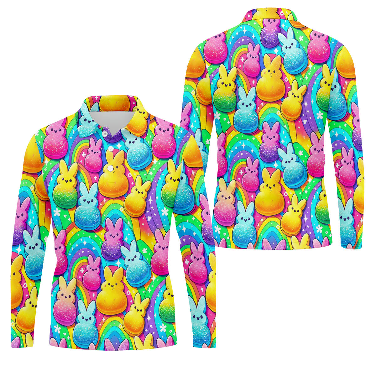 Colorful Easter Peeps Rainbow Pattern Golf Shirts For Men, Cute Golf Outfit, Polo Shirts For Men