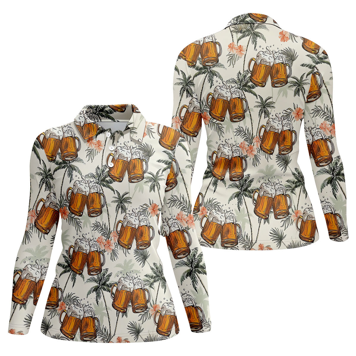 Tropical Palm Trees and Frosty Beer Mug Hawaiian Golf Polo, Golf Tops For Women, Golfing Apparel
