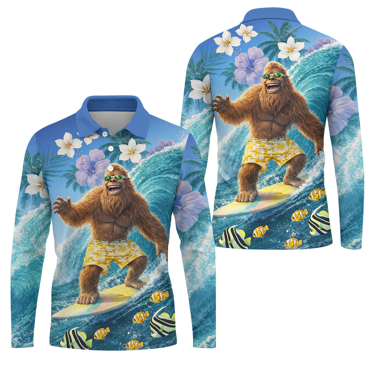 Surfing Bigfoot Riding Ocean Waves Design Hawaiian Golf Polo, Golf Tops For Men, Golfing Apparel