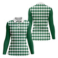 Green And White Argyle Pattern Retro Golf Shirt, Women's Golf Tops, Ladies Golf Polos, Ladies Golf Shirts