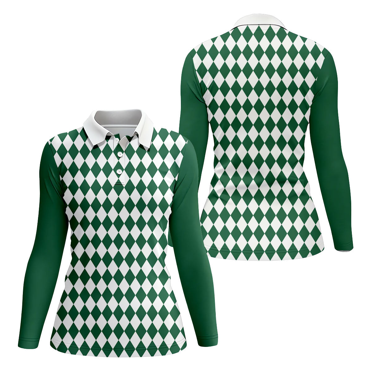 Green And White Argyle Pattern Retro Golf Shirt, Women's Golf Tops, Ladies Golf Polos, Ladies Golf Shirts