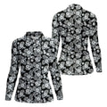 Black And White Pattern Tropical Hawaiian Golf Shirt, Summer Theme Golf Shirt For Women