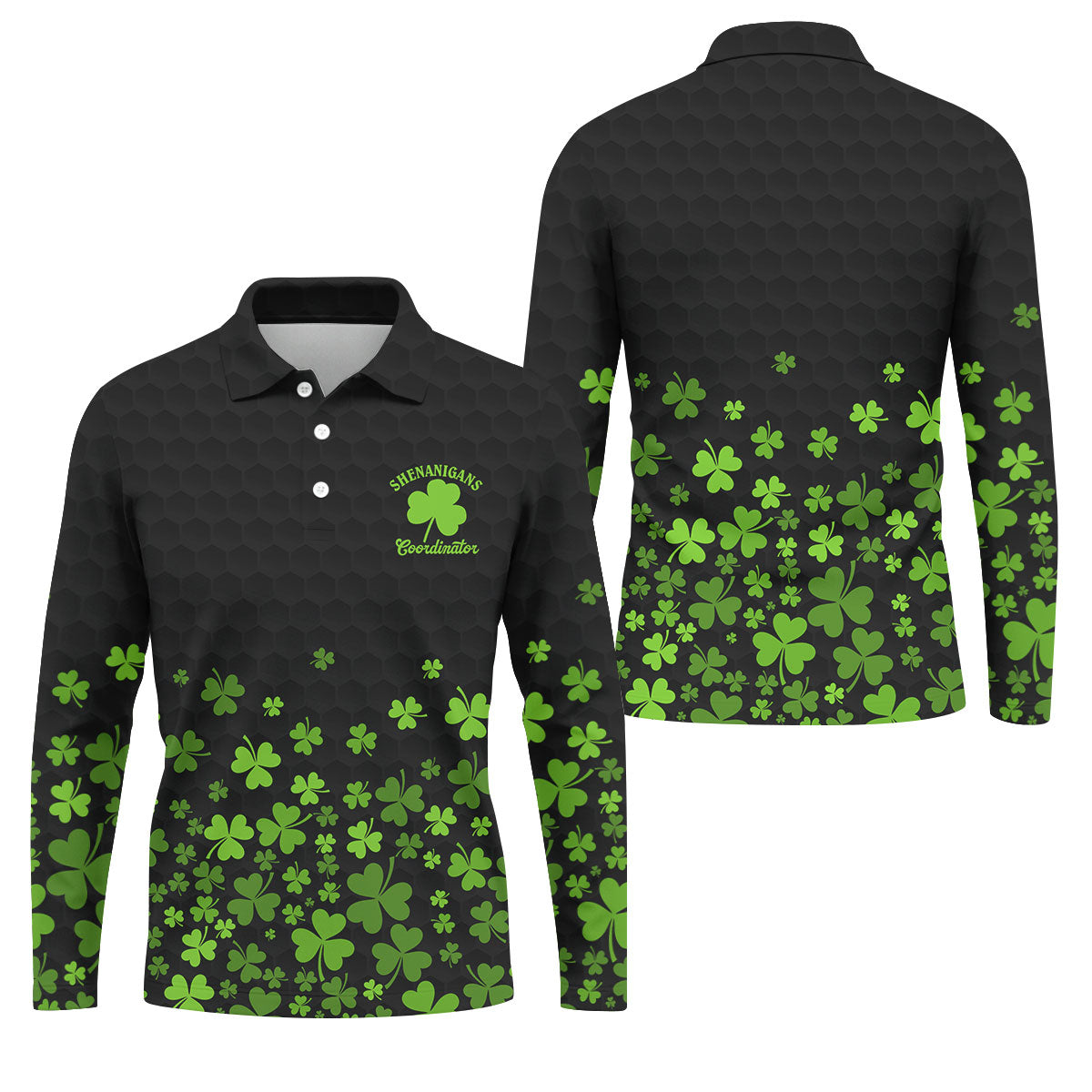 Shenanigans Coordinator Golf Ball Pattern St Patrick Day Black Golf Shirt, Golf Tops For Men, Golf Shirts For Men