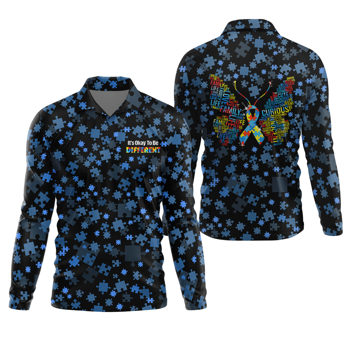 It's Okay To Be Different Autism Awareness Black And Blue Puzzle Pattern Golf Tops For Men, Polo Shirts For Men