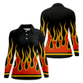 Black Orange Yellow Flame Sleeve Golf Shirt, Golf Polo For Women, Printed Golf Shirt