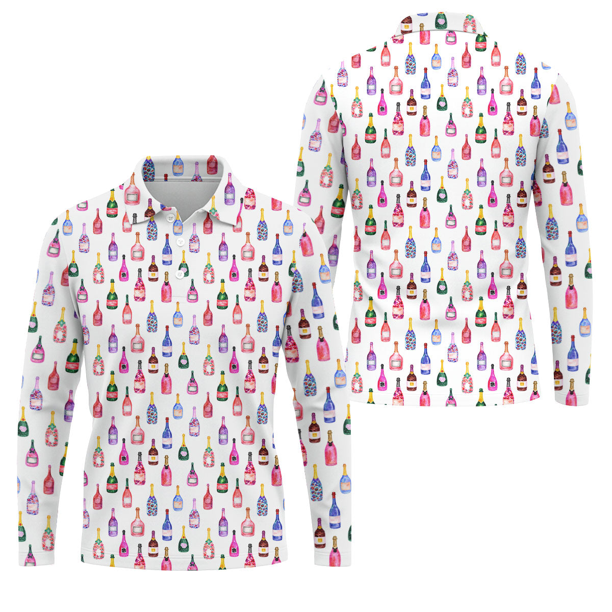 Champagne Bottles Seamless Pattern Watercolor Style Retro Golf Shirt, Polo Shirts For Men, Golf Shirts For Men