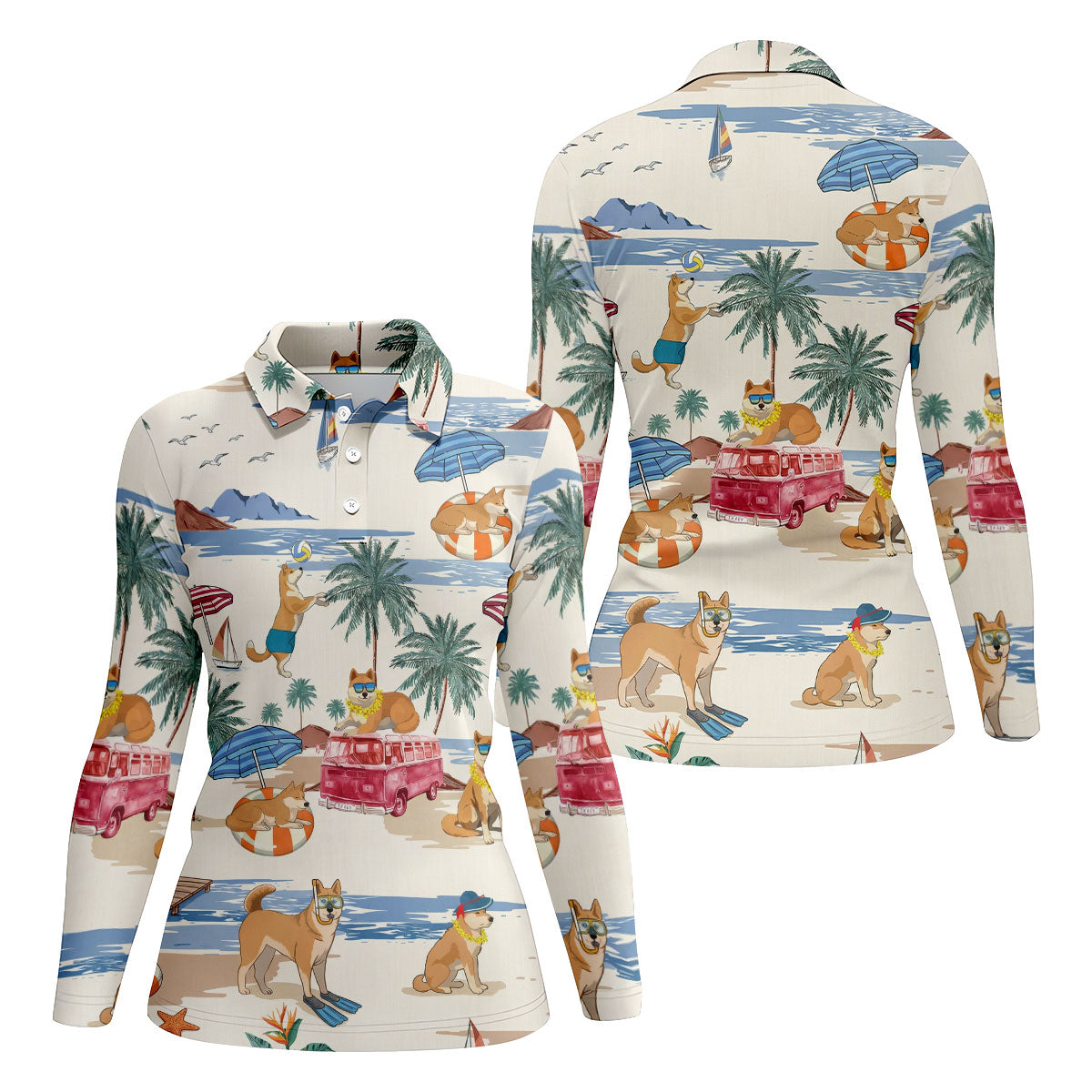 Tropical Shiba Inu Beach Pattern Hawaiian Golf Polo, Golf Tops For Women, Golfing Apparel