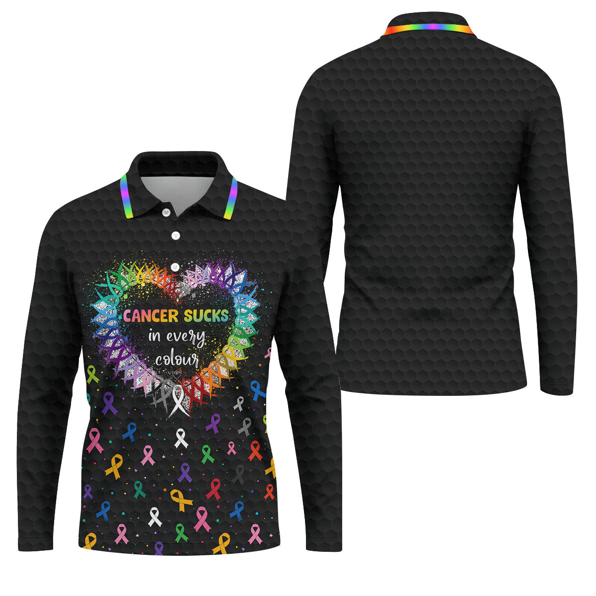 Cancer Sucks In Every Colour Awareness Ribbon Golf Polo Shirt, Mens Golf Apparel
