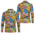 Multicolor Retro Flower Power Golf Shirt, Mens Golf Polo, Hawaiian Golf Shirt, Golf Apparel For Men