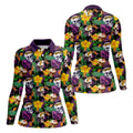 Tropical Sugar Skull Floral Golf Polo Shirt, Golf Tops For Women, Performance Golf Shirt