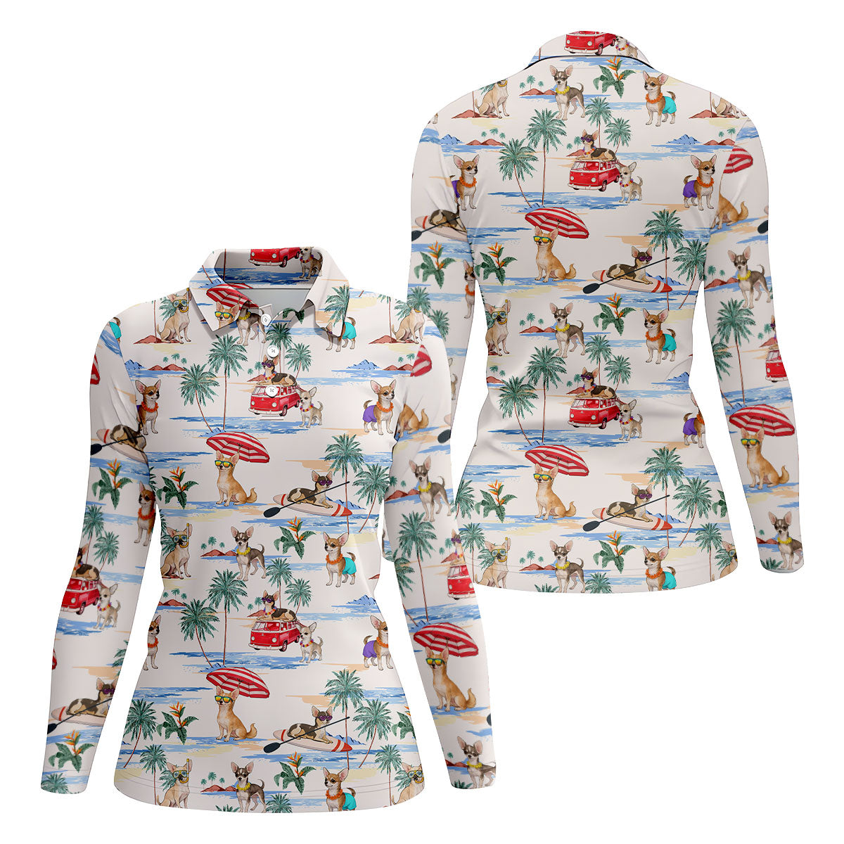 Summer Chihuahua Paradise Pattern Hawaiian Golf Polo, Golf Tops For Women, Golfing Apparel