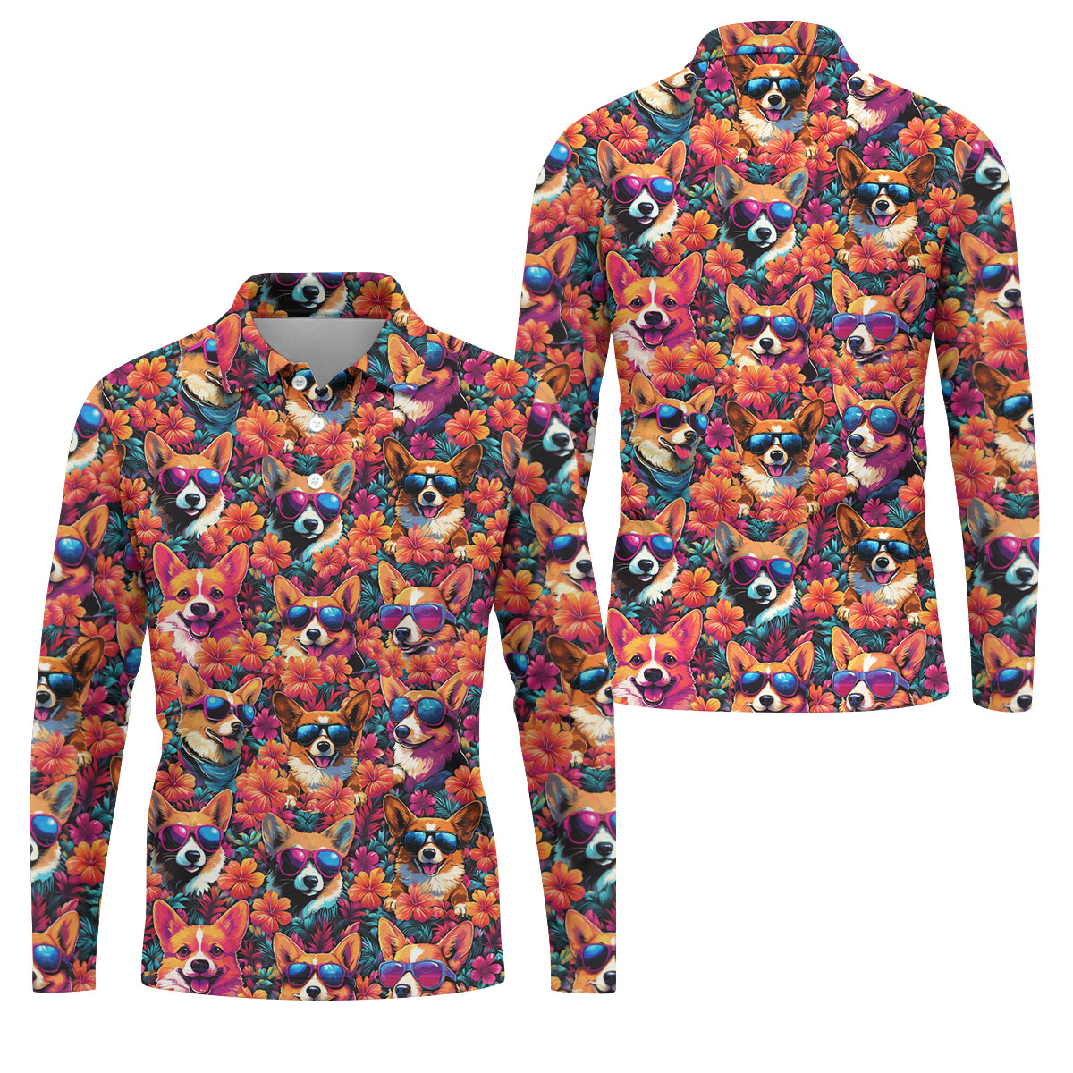 Tropical Corgi Floral Pattern Hawaiian Golf Polo, Golf Tops For Men, Golfing Apparel