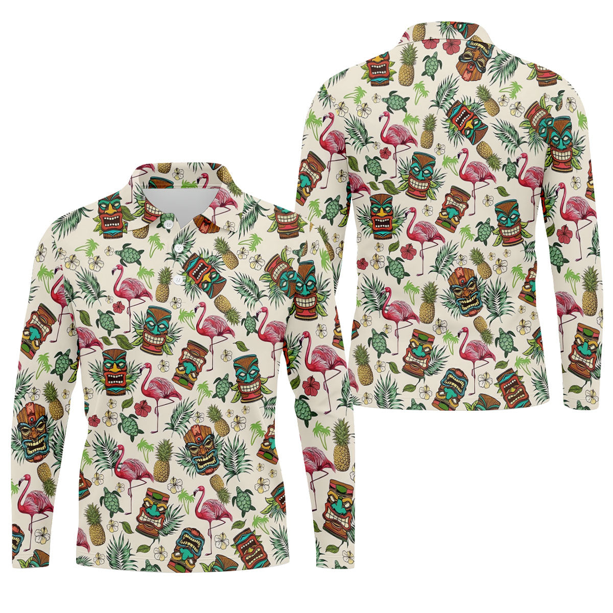 Tiki Masks, Flamingo and Island Paradise Pattern Design Hawaiian Golf Polo, Golf Tops For Men, Golfing Apparel