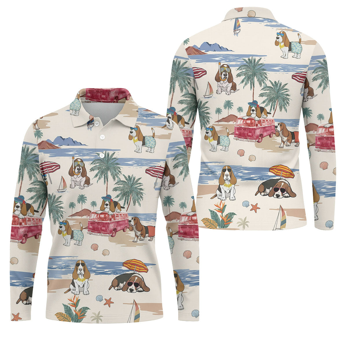 Summer Basset Hound Paradise Hawaiian Golf Polo, Golf Tops For Men, Golfing Apparel