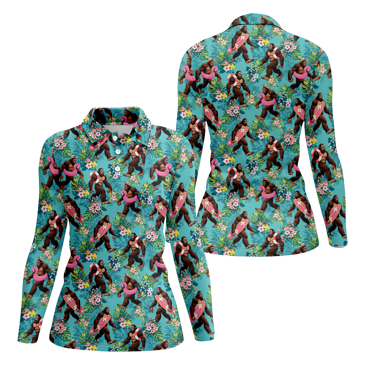 Aqua Blue Bigfoot Beach Party Hawaiian Golf Shirt, Women's Golf Tops, Ladies Golf Shirts