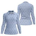 Blue T-Rex Dinosaur Golfer Pattern Golf Polo Shirt, Womens Golf Tops, Printed Golf Shirt