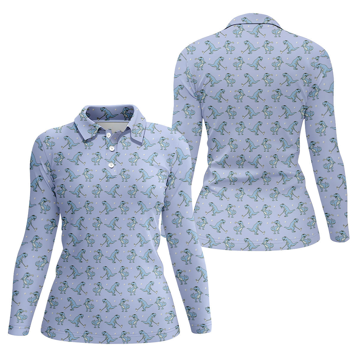 Blue T-Rex Dinosaur Golfer Pattern Golf Polo Shirt, Womens Golf Tops, Printed Golf Shirt