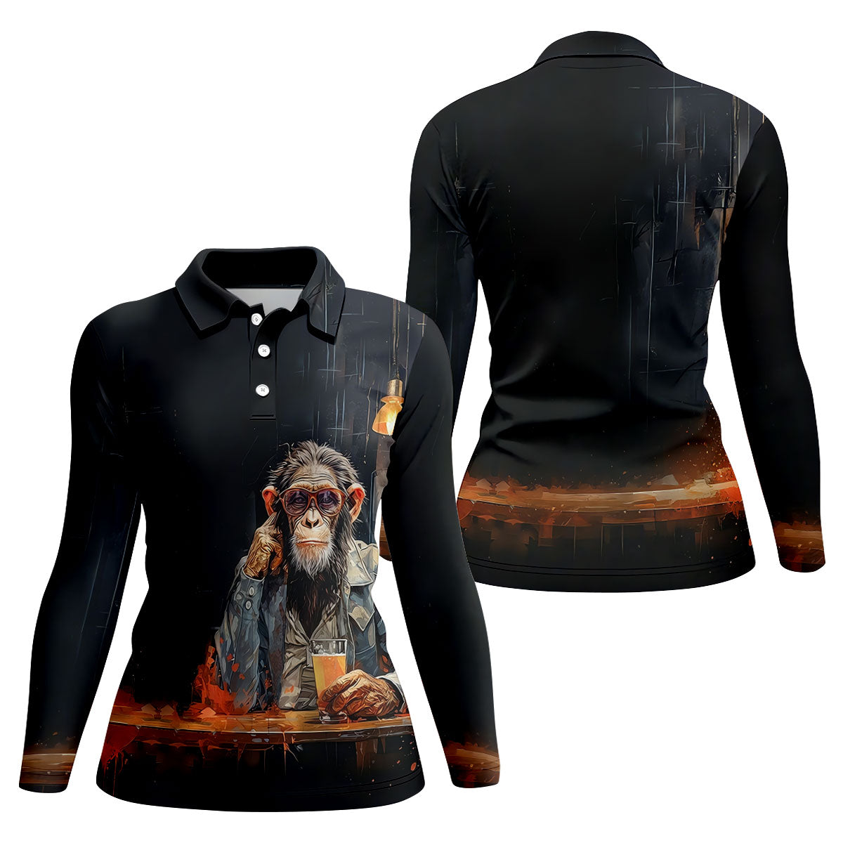 Monkey Gentleman Midnight Amber Hawaiian Golf Shirt, Women's Golf Tops, Ladies Golf Shirts