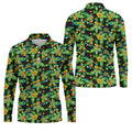 Black Colorful Floral Geometric Pattern Golf Shirt, Men's Golf Shirt, Golf Apparel For Men, Polo Shirts For Men
