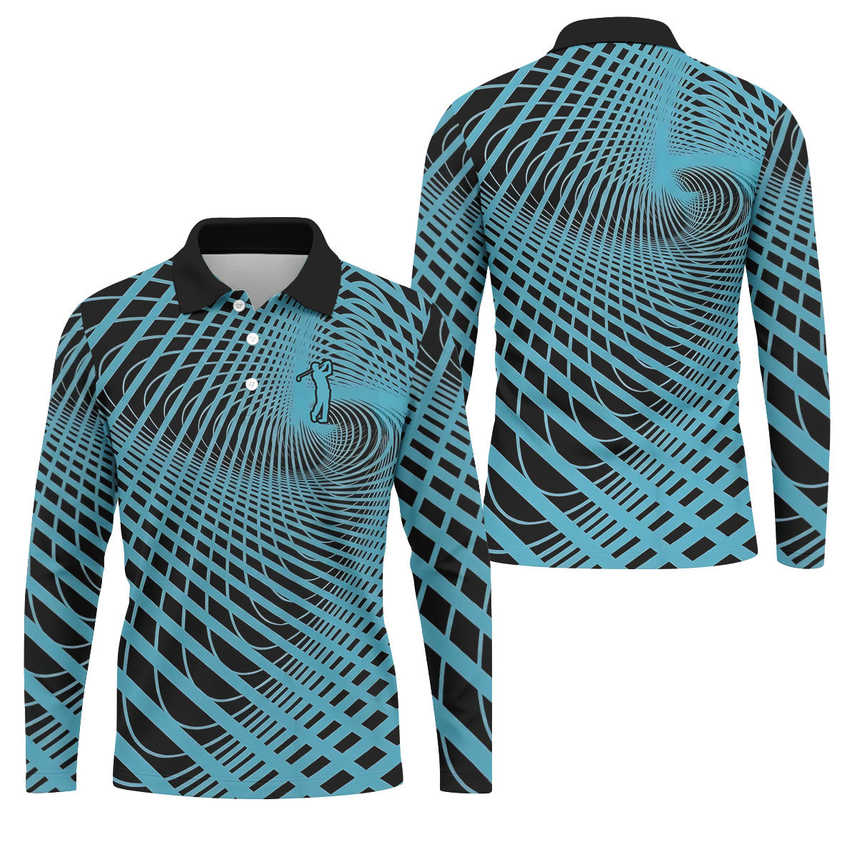 Swirling Vortex Black And Light Blue Golf Shirts For Men, Polo Shirts For Men, Golfing Apparel
