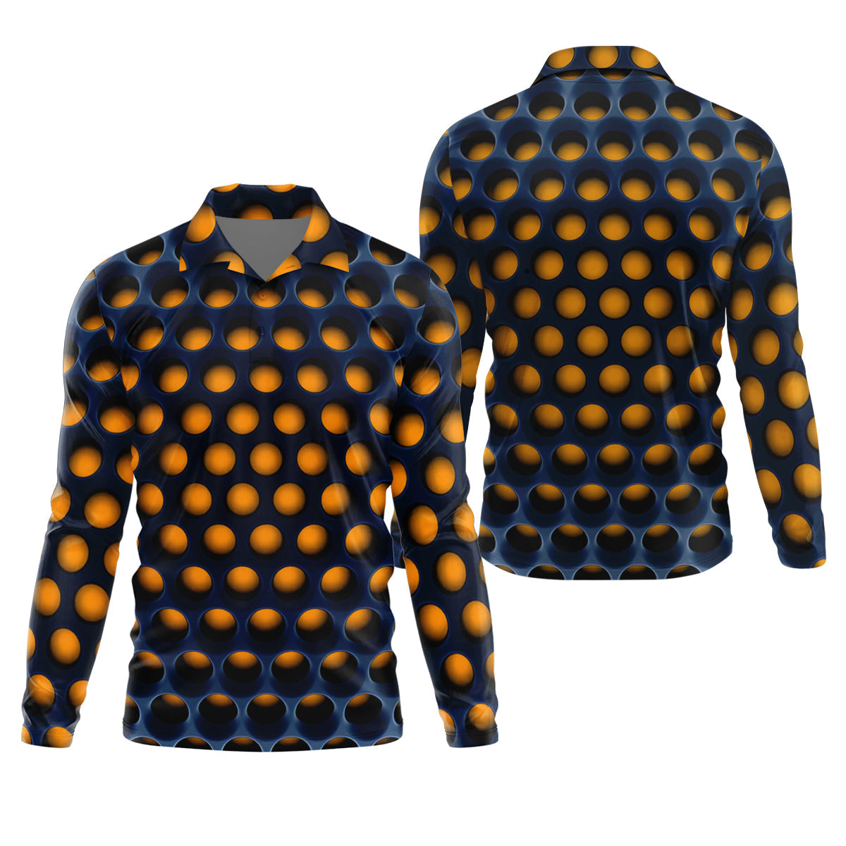 3D Effect Circular Pattern Orange Golf Shirt, Cool Golf Outfit, Men's Funny Golf Shirts, Polo Shirts For Men