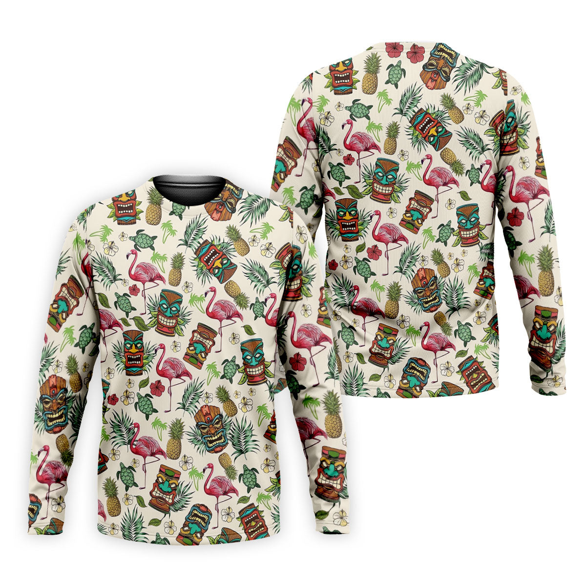 Tiki Masks, Flamingo and Island Paradise Pattern Design Hawaiian Golf Polo, Golf Tops For Men, Golfing Apparel