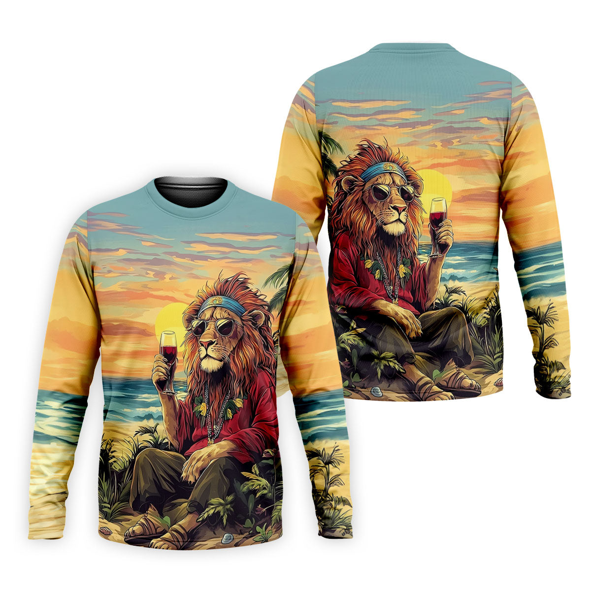Tropical Lion Sunset Teal Hawaiian Golf Polo, Golf Tops For Men, Golfing Apparel