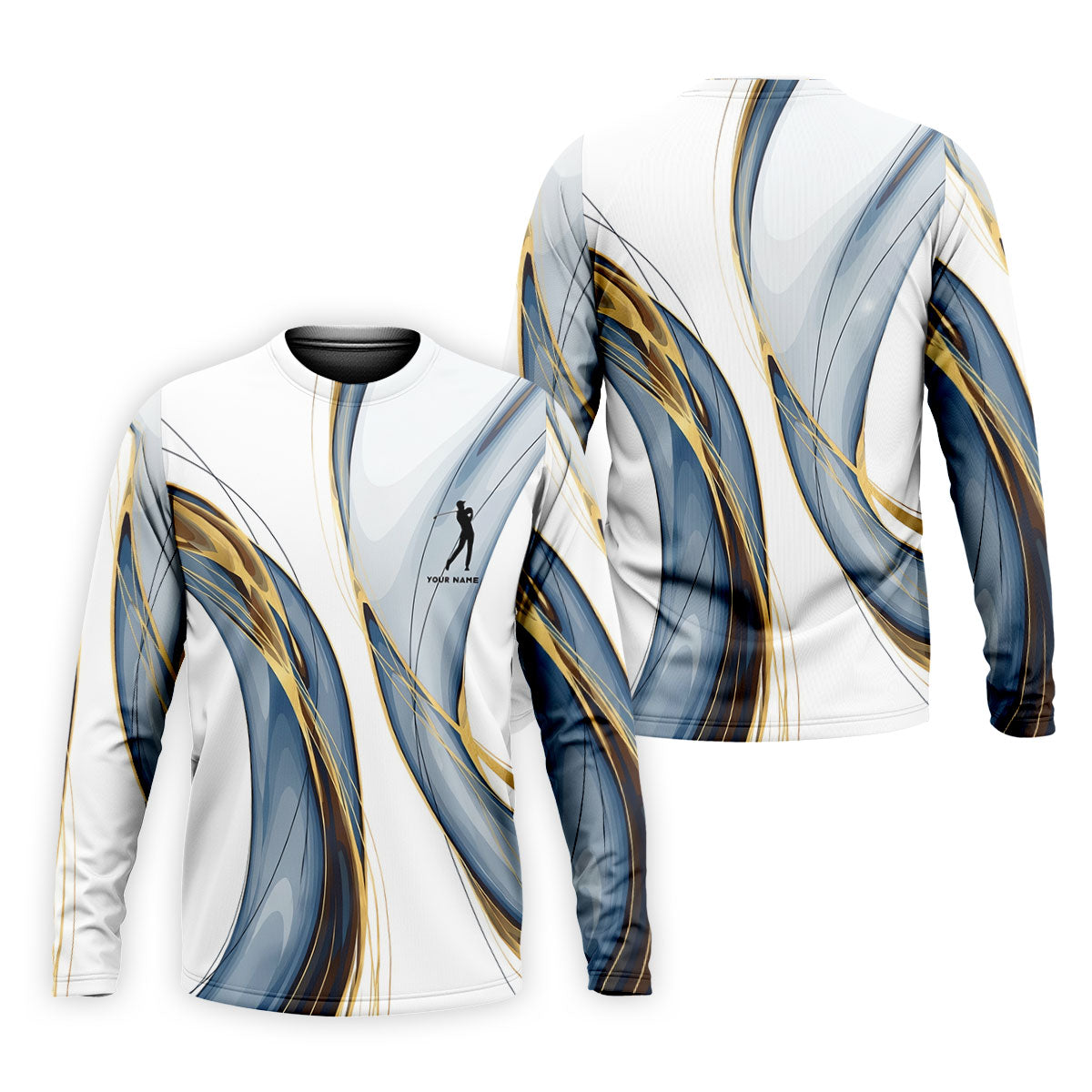 Elegant Blue Gray and Gold Swirl Pattern Hawaiian Golf Polo, Golf Tops For Men, Golfing Apparel