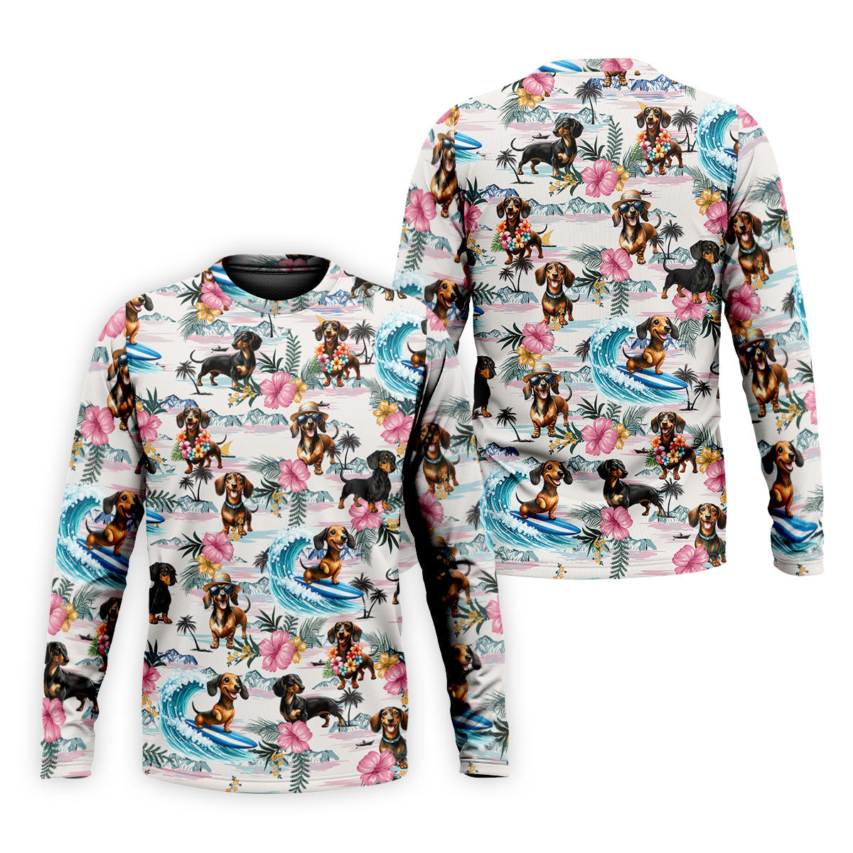 Cartoon Dachshund Tropical Theme Hawaiian Golf Shirt, Men's Golf Shirt, Polo Shirts For Men