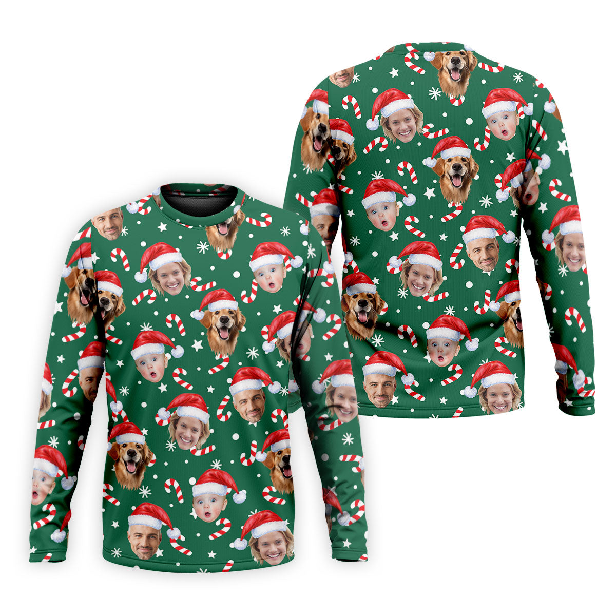 Custom Face Candy Cane Pattern Green Golf Shirt, Christmas Golf Shirt, Polo Shirts For Men, Golf Gift For Men
