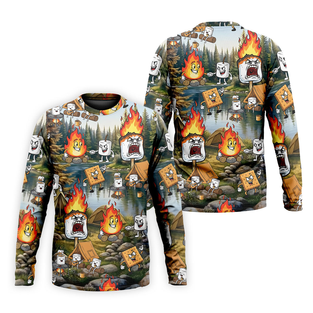 Cartoon Marshmallow, Graham Cracker and Campfire Characters Lake Camping Hawaiian Golf Polo, Golf Tops For Men, Golfing Apparel