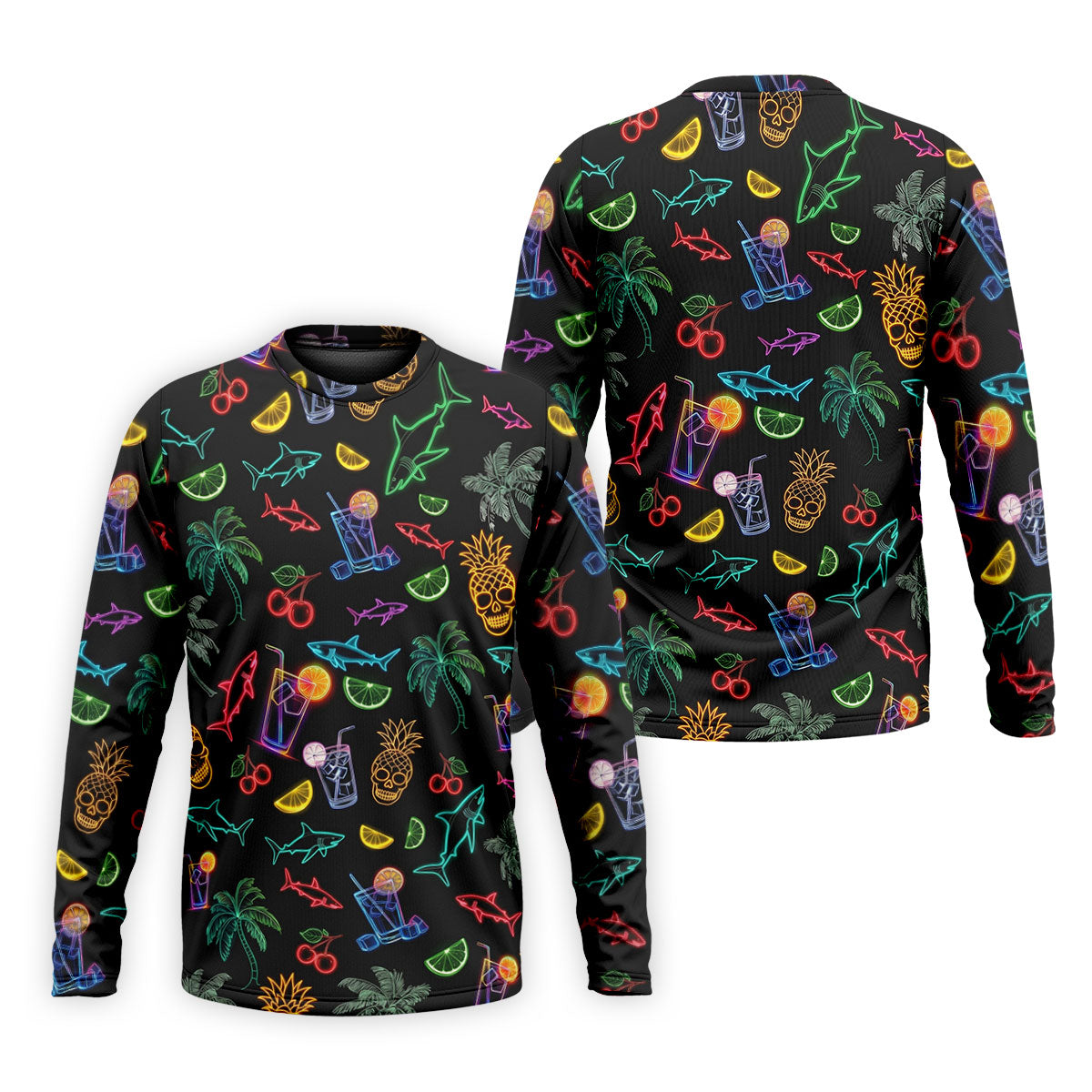 Neon Shark And Cocktail Pattern Hawaiian Golf Shirt, Men's Golf Shirt, Polo Shirts For Men