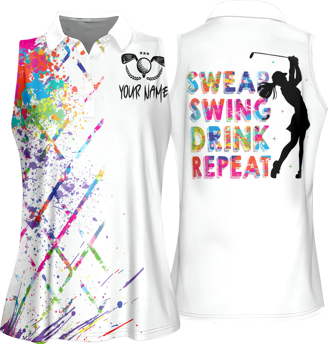 Swing Swear Drink Repeat Custom Womens Golf Polo Shirt, Golfing Apparel, Womens Golf Gifts