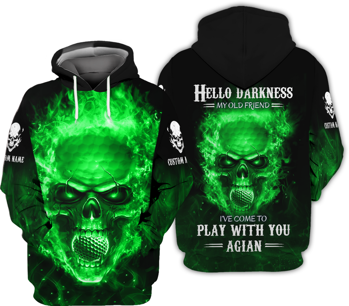 Hello Darkness My Old Green Blue Flame Skull Golf Polo Shirt, Golf Apparel, Golf Gift For Men