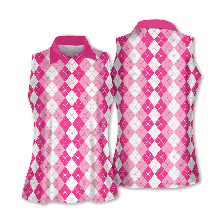 Argyle Pink Sleeveless Womens Golf Shirts, Womens Golf Polo Shirts, Ladies Golf Tops, Cute Womens Golf Clothes