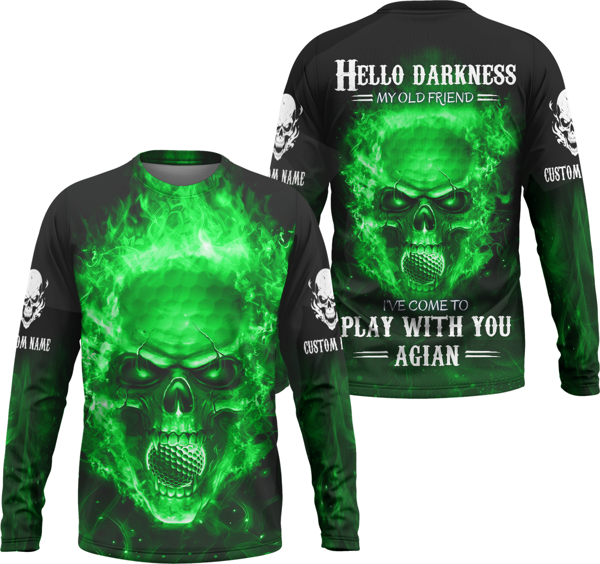 Hello Darkness My Old Green Blue Flame Skull Golf Polo Shirt, Golf Apparel, Golf Gift For Men