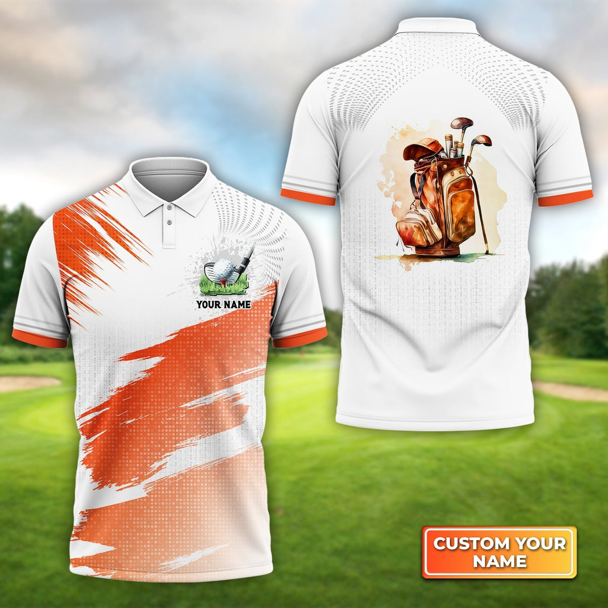 Orange Pattern Vintage Golf Bag - Personalized Name 3D Polo Shirt Gift For Golfers