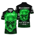 Hello Darkness My Old Green Blue Flame Skull Golf Polo Shirt, Golf Apparel, Golf Gift For Men