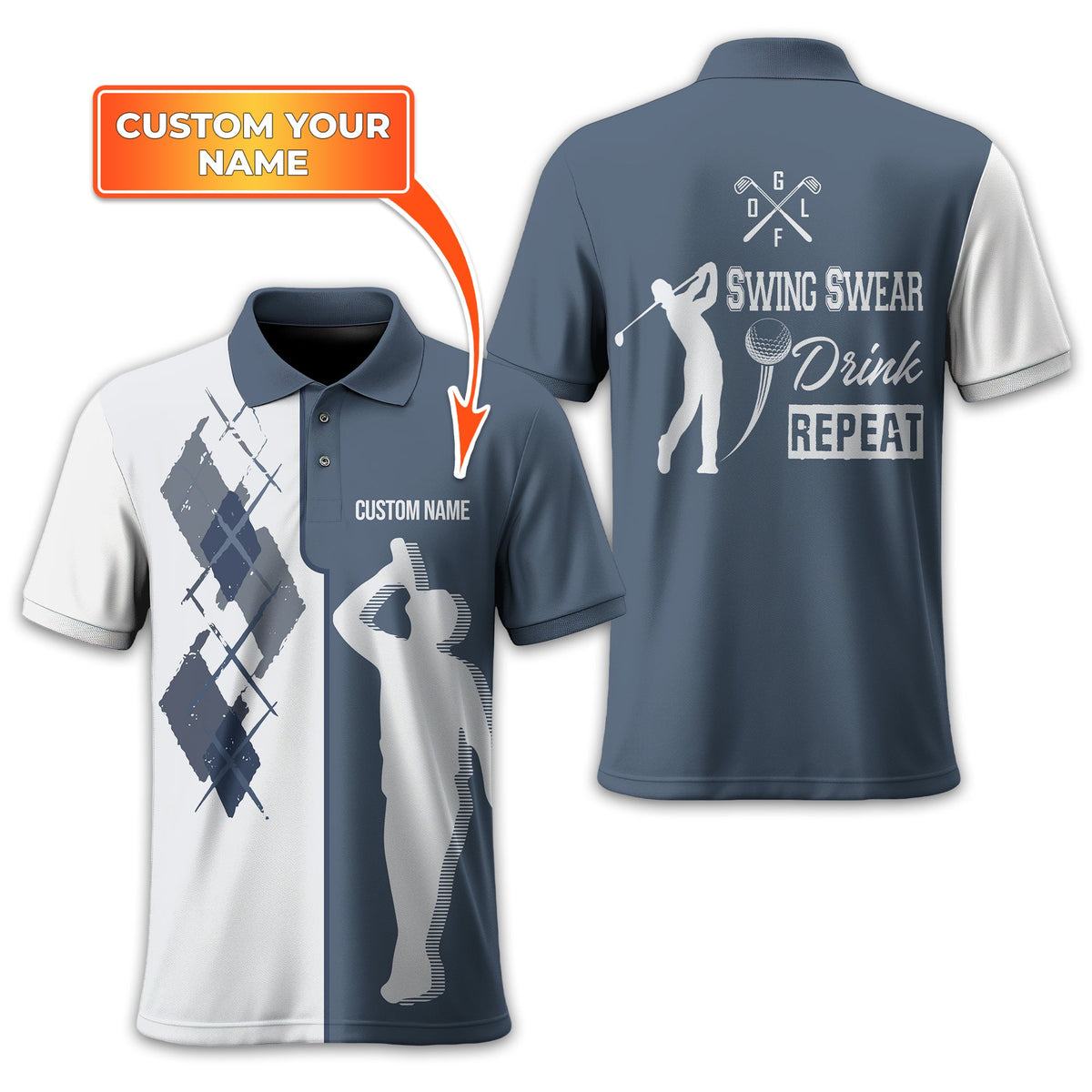 Swing Swear Drink Repeat Personalized Golf Polo Shirt, Golf Shirt For Men, Gift For Golfers