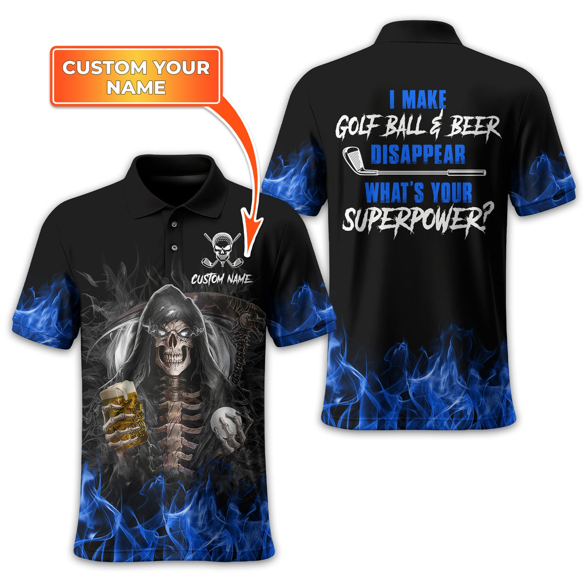 I Make Golf Ball And Beer Disappear Custom Golf Polo Shirt, Skull Golf Shirt, Gift For Golfers