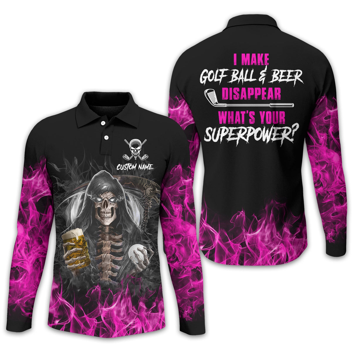 I Make Golf Ball And Beer Disappear Custom Golf Polo Shirt, Skull Golf Shirt, Gift For Golfers