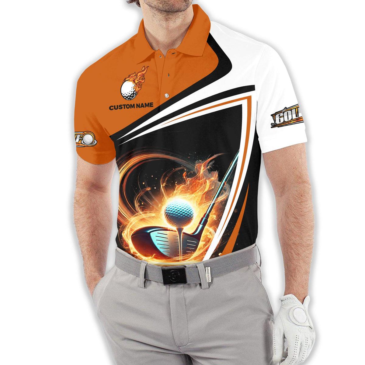 Golf Ball Fire Custom Name Men's Golf Polo Shirt, Golfing Apparel, Gift For Golfer