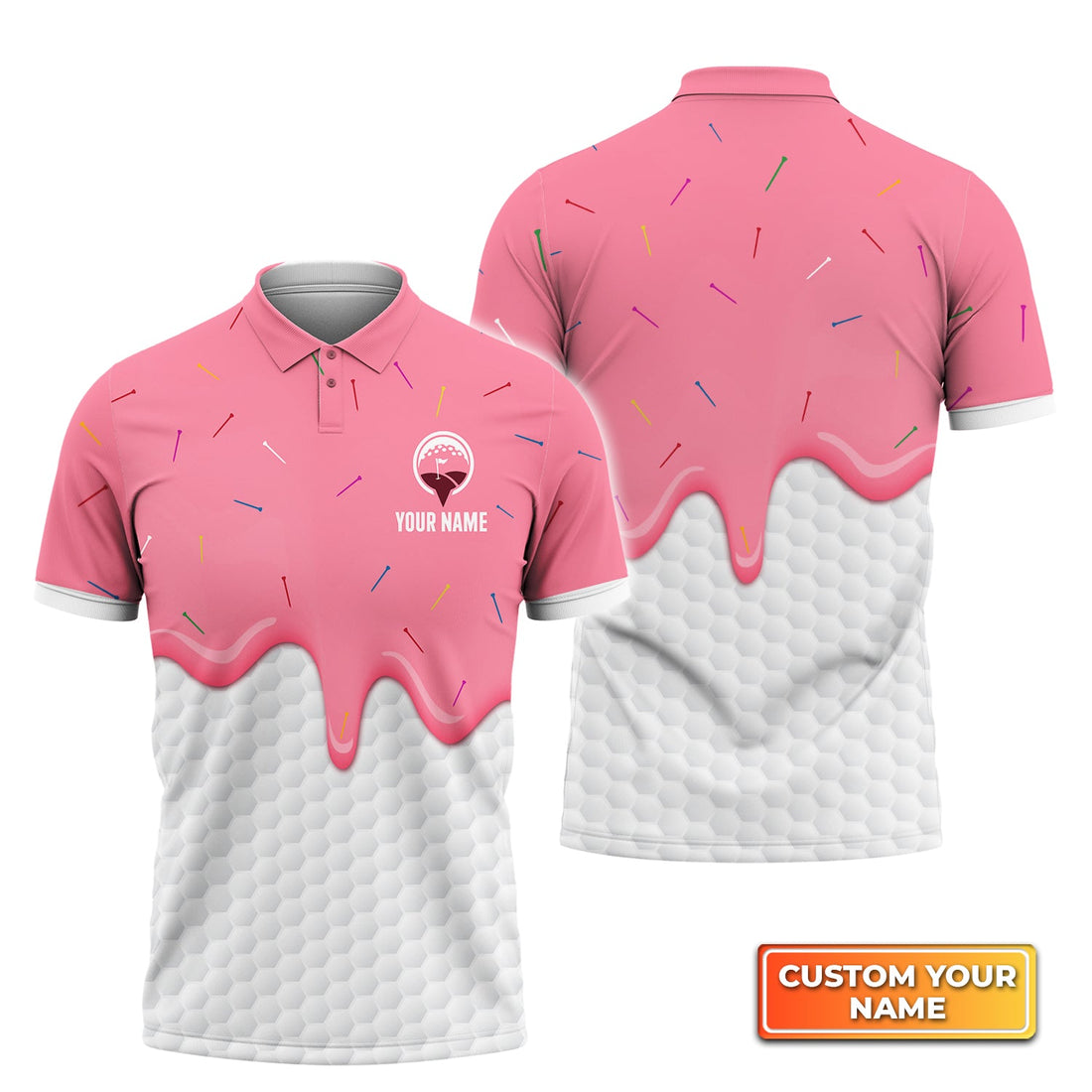 Ice Cream Melting On Golf Ball Cone - Personalized Name 3D Polo Shirt For Golfers