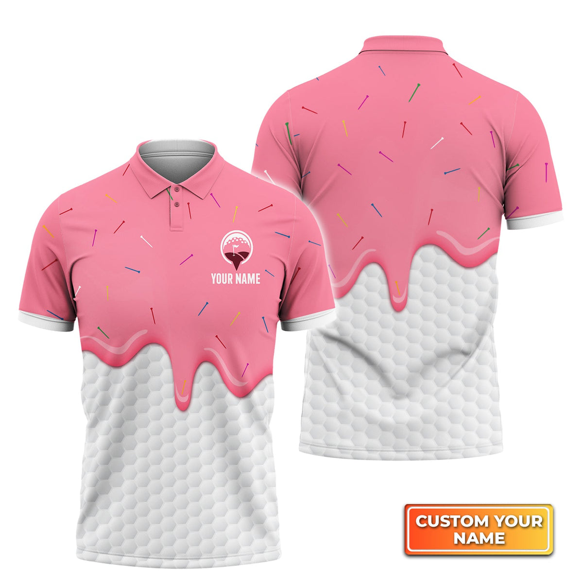 Ice Cream Melting On Golf Ball Cone - Personalized Name 3D Polo Shirt For Golfers
