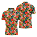 Red Hibicus Gold Palm Leaf Hawaiian Golf Shirt, Summer Theme Golf Shirts For Men