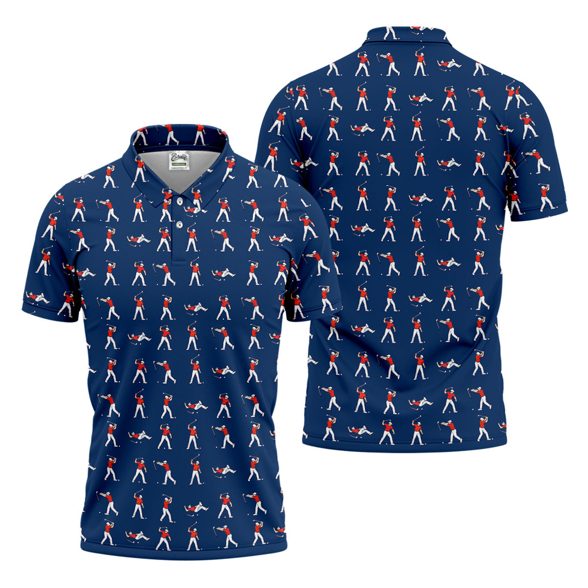 Cartoon Figures Golf Pose Navy Golf Shirt, Golf Tops For Men, Polo Shirts For Men, Golf Shirts For Men