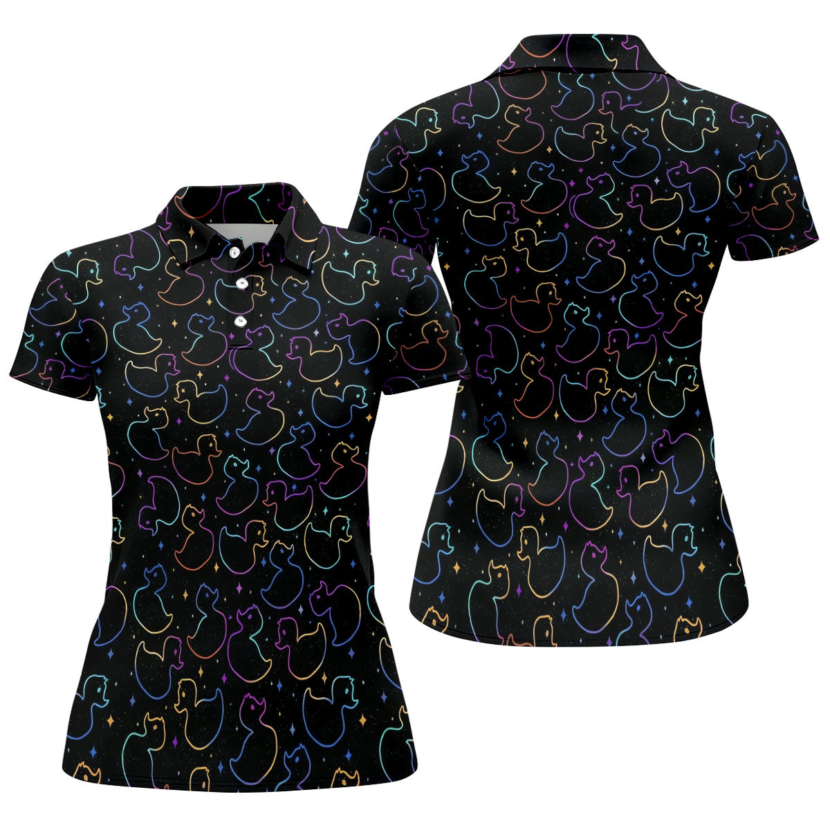 Neon Rubber Duck Pattern Golf Shirt, Ladies Golf Tops, Hawaiian Golf Shirt, Golf Tops For Women