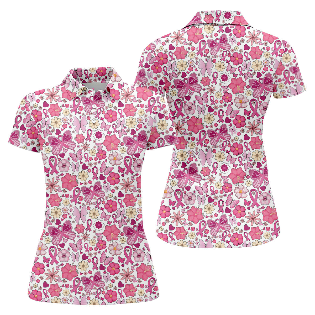 Breast Cancer Pink Ribbon Floral Golf Shirt, Cancer Awareness Shirt, Ladies Golf Polos, Golfing Apparel
