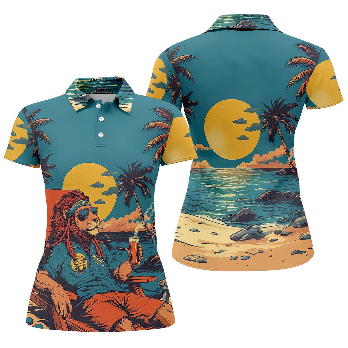 Beach Vibes Lion Sunset Teal Hawaiian Golf Polo, Golf Tops For Women, Golfing Apparel